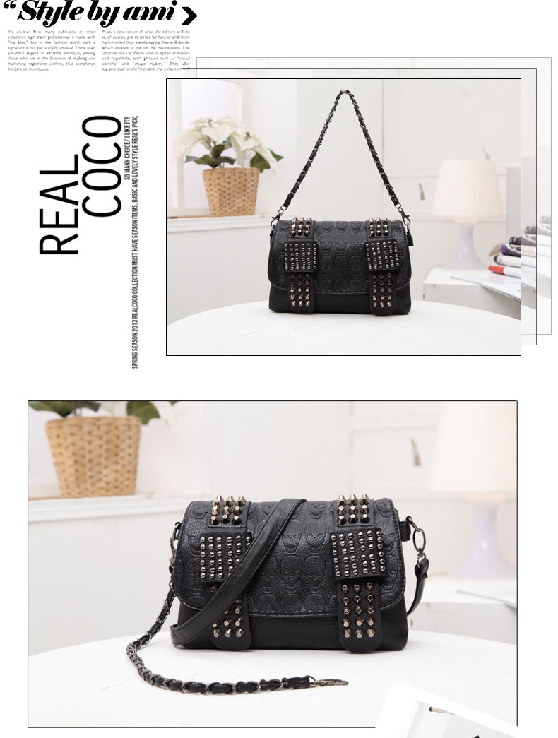 Skull Shoulder Bag, Leather Crossbody with Studs
