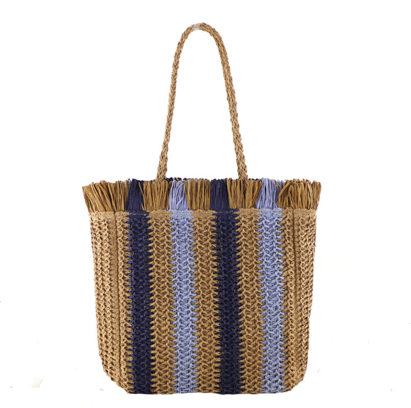 Retro Straw Woven Shoulder Bag with Vertical Stripes