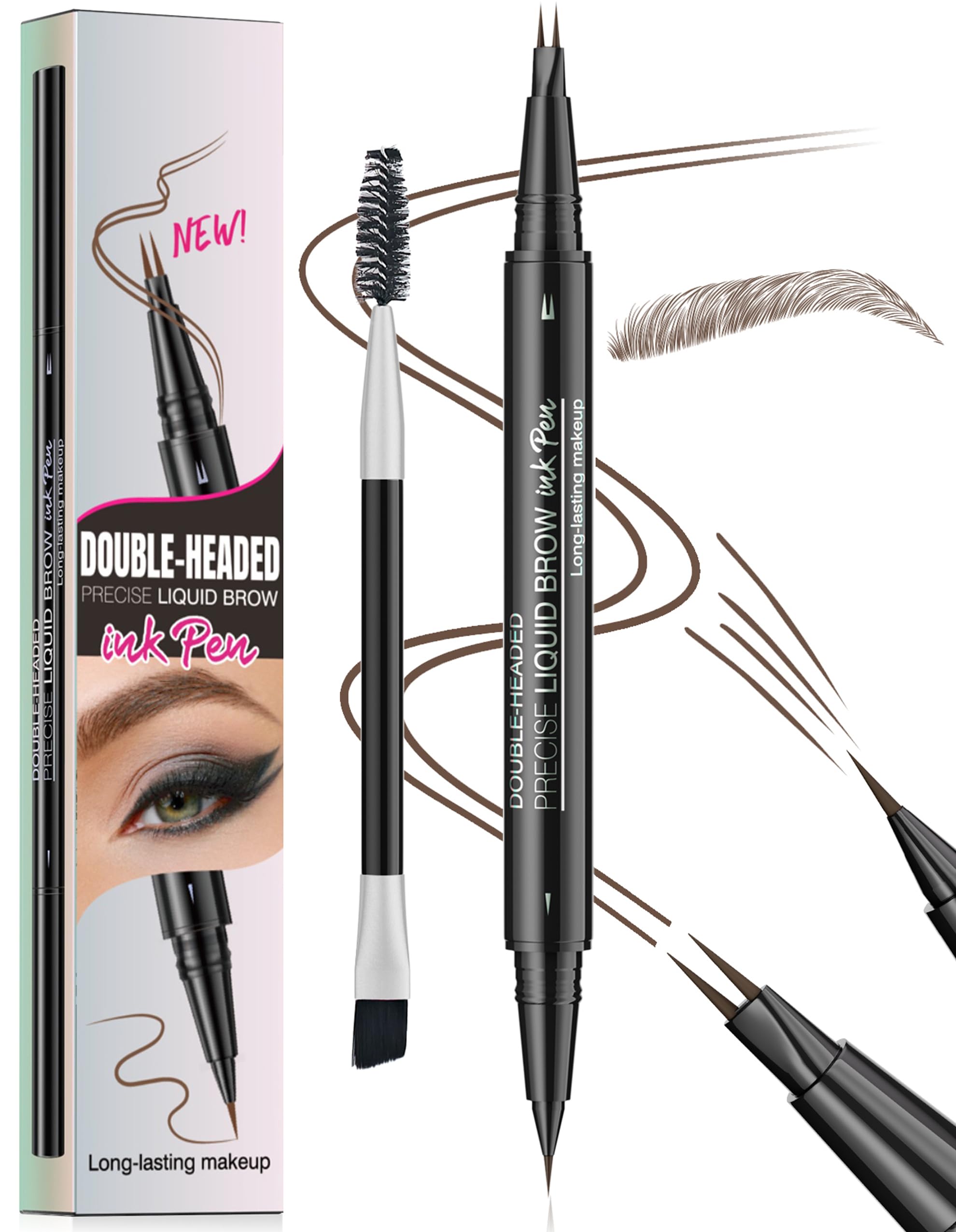 Erinde Eyebrow Pen - Eyebrow Pencil 2-in-1 Dual-Ended Eye Brow Pen with 2-Fork-Tip and Precise Brush-Tip Microblading Eyebrow Pen for Natural Hair-Like Brows Waterproof Long Lasting Brown