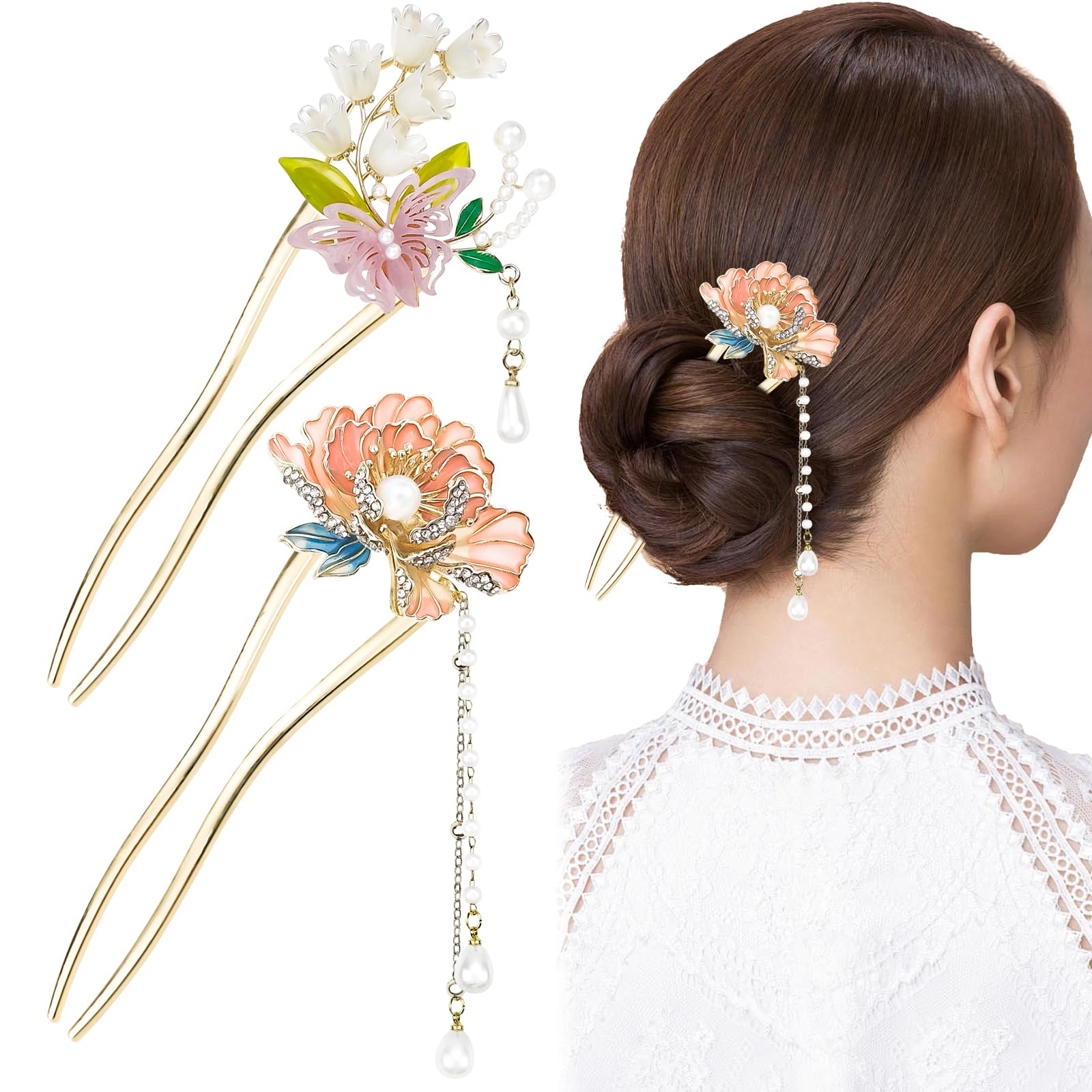 2 PACK Chinese Flower Hair Stick for Buns Women Girls Hair Stick Metal Hair Accessories Chinese Traditional Hair Sticks for Long Hair Hair Chopsticks for Women Girl Classic Vintage Flower (Style 2)