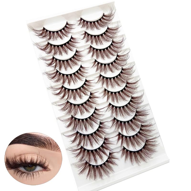 Brown Eyelashes Fairy Lashes Cat Eye Wispy False Eyelashes Mink Fluffy Dramatic Dark Brown Strip Lashes Fox Eye Long Volume Fake Eyelashes 10 Pairs (MQ608)