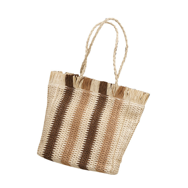 Retro Straw Woven Shoulder Bag with Vertical Stripes