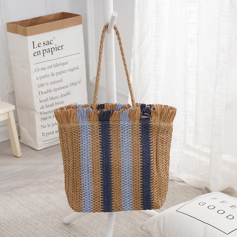 Retro Straw Woven Shoulder Bag with Vertical Stripes