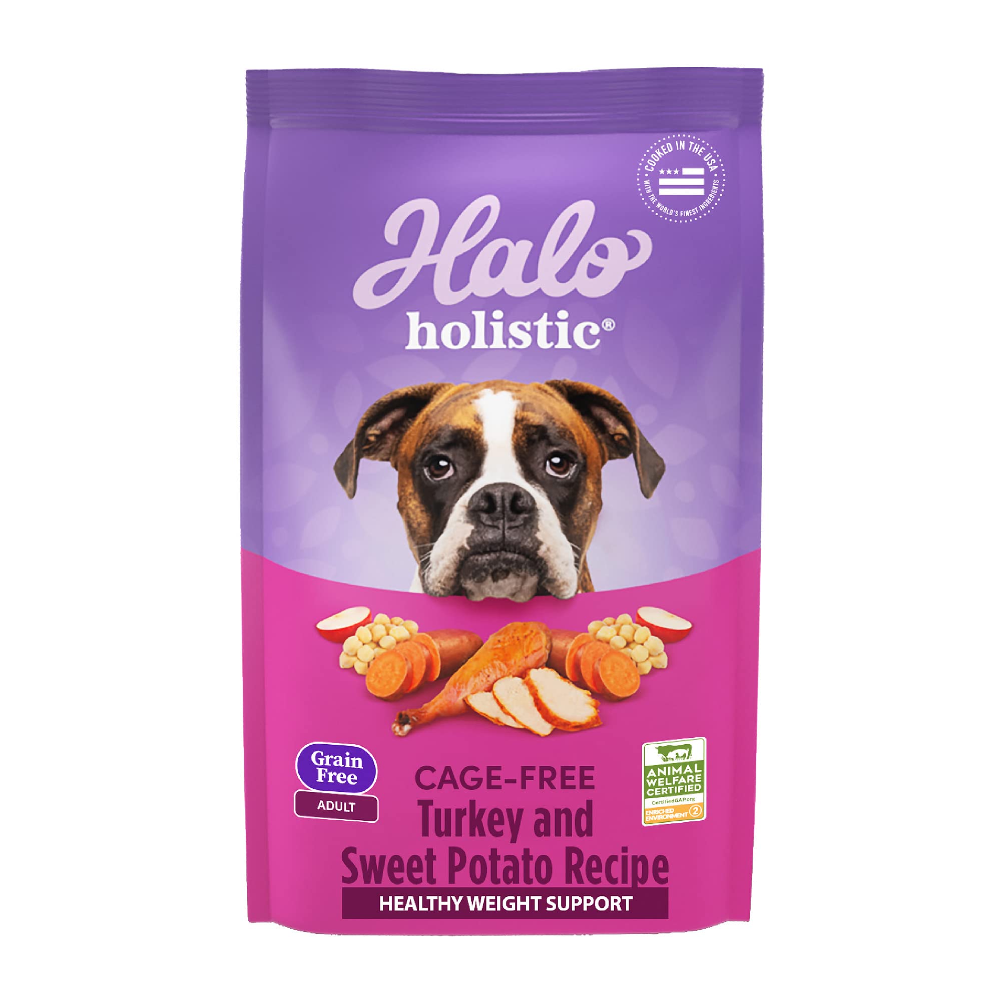 Halo Purely for Pets Holistic Dog Food Complete Digestive Health Grain Free Cage-Free Turkey and Sweet Potato Recipe Healthy Weight Support Dry Dog Food Bag Adult Formula 10-lb Bag