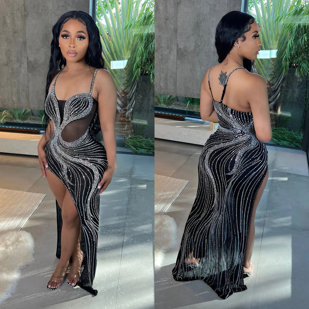 Women's Rhinestone Mesh Slip Dress for Night Club