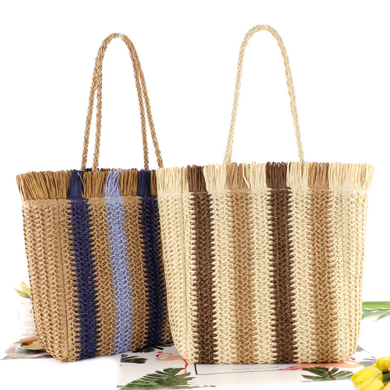 Retro Straw Woven Shoulder Bag with Vertical Stripes